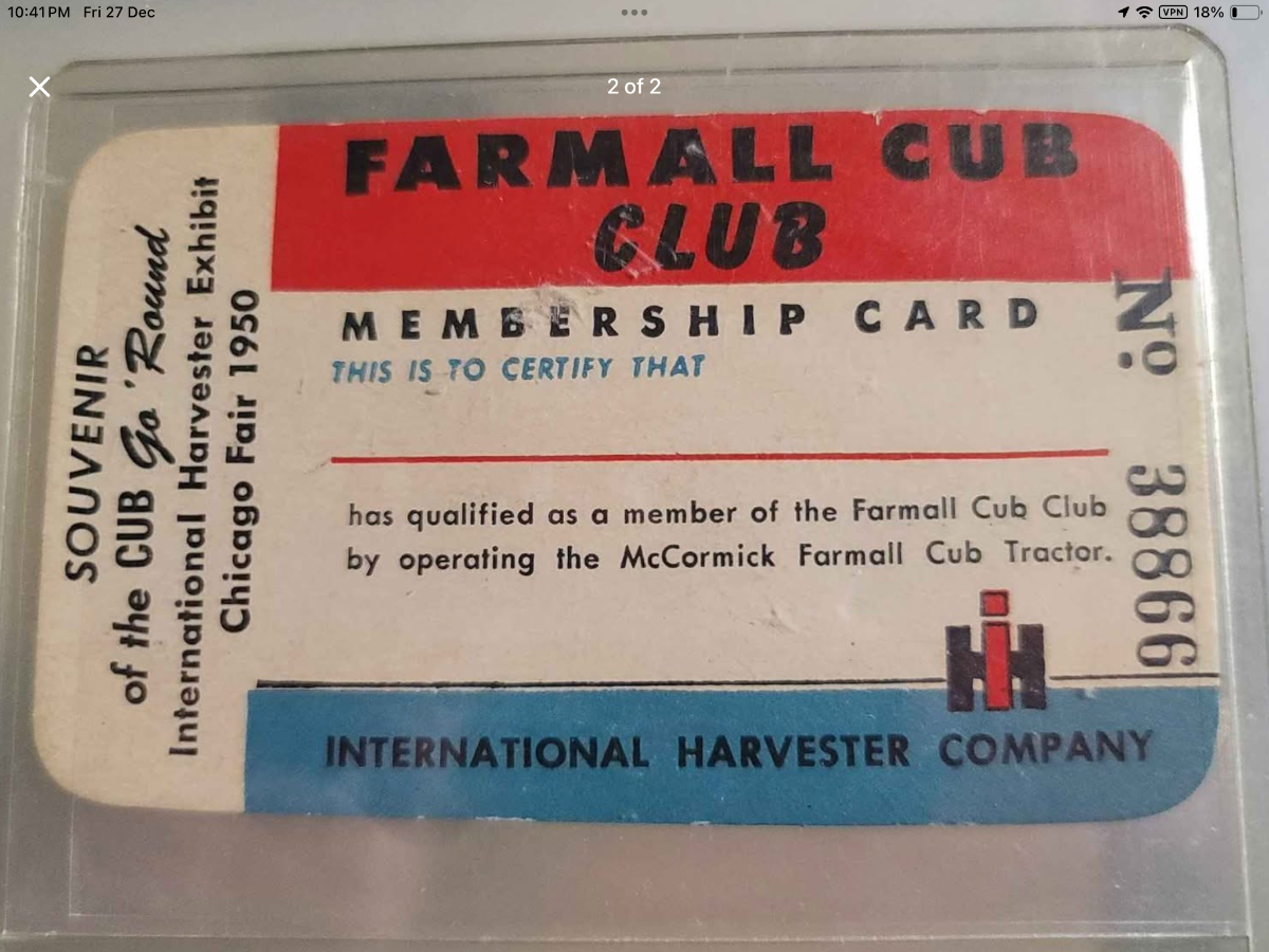 Cub Card Cub Club Card - IH Toys, Memorabilia & Collectibles - Red Power ...
